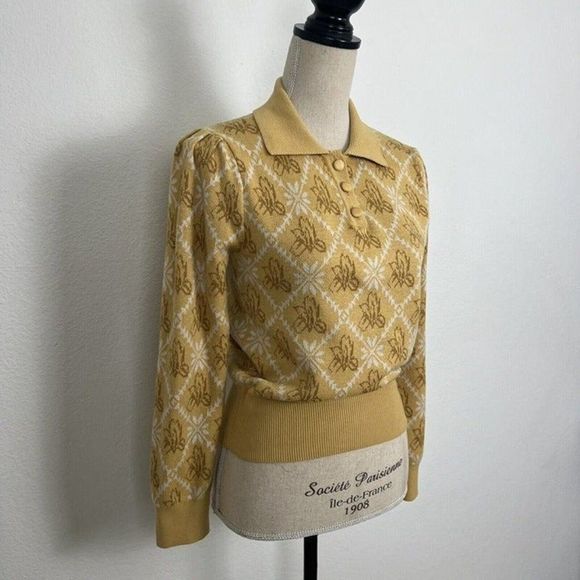 Simple Retro Yellow Floral Polo Contrast Collar Wool Knit Sweater Sz Small NWOT - Picture 8 of 11